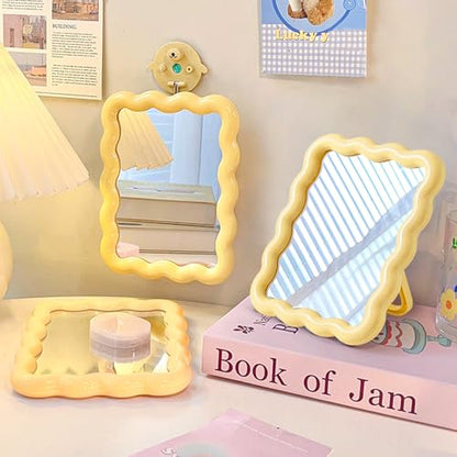 Wave Table Desk Vanity Makeup Mirror Small Make Up Office Mirror Yellow - color: Yellow