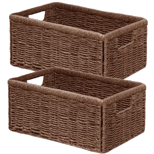 Vagusicc Wicker Storage Basket, Set of 2 Hand Woven Wicker Baskets for Organizing with Handles, Decorative Small Storage Bins for Countertop Toilet Paper Basket for Toilet Tank Top, Shelves, Brown - color: Brown, size: Medium
