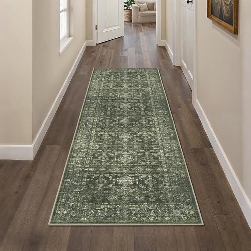 2x7 Washable Kitchen Runner Rug Non-Slip Boho Dark Green Throw Carpet - color: Dark Green, size: 2' x 7' (Runner)