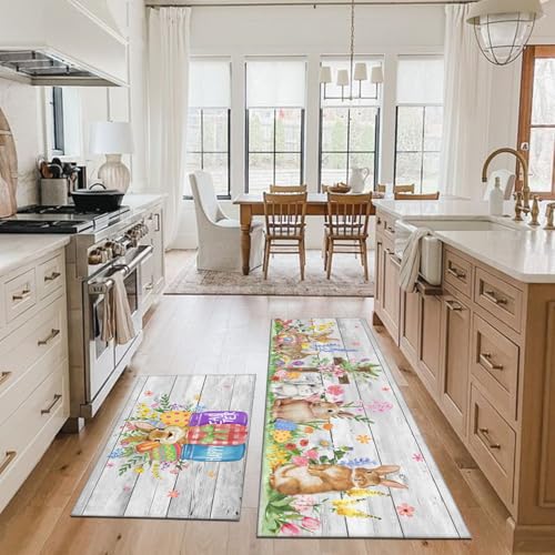Easter Kitchen Rugs Set of 2, Gray Wood Grain Bunny Floral Kitchen Mat, Bunny Kitchen Decor Non-Slip Washable Floor Mat,Suitable for Easter Kitchen Sink Laundry Room,17x30+17x47 Inch - color: Easter