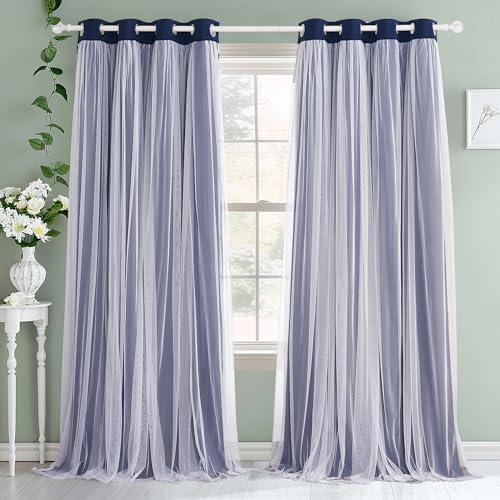 PONY DANCE Navy Blue Curtains Blackout - Room Darkening Curtains with Sheer Elegance Drapery Layered Drapes Mix and Match for Living Room/Kids Bedroom (Set of 2, 52x84 inch, Free Tie-Backs) - color: Navy Blue, size: 52"W x 84"L (Pack of 2)