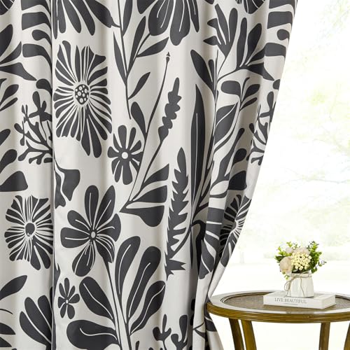 RoomTalks Vintage Floral Blackout Window Curtains for Bedroom Living Room 84 Inches Length 2 Panels, Retro Black Botanical Boho Abstract Art Curtain Panels Cute Funky Aesthetic Window Drapes - color: Black