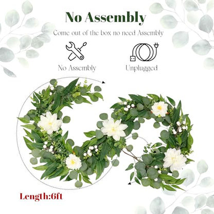 Artificial Eucalyptus Garland with Lights,Fairy Light Olive Leaves Vine Garland with White Flowers & White Berries, Bendable Mantle Garland for Indoor Outdoor Wedding, Home Decoration (6FT) - size: 6FT