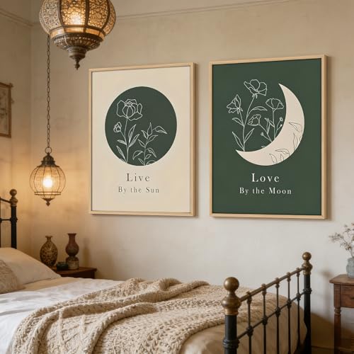 KBCXOY Sage Green Boho Sun and Moon Wall Art Bedroom Moon Phase Prints - color: Sun and Moon, size: 16 x 24 inches