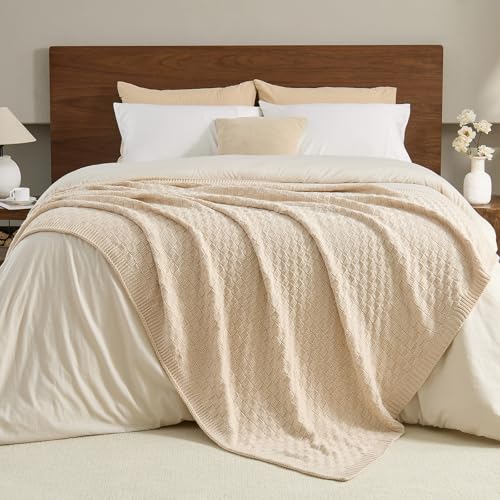 Beige Throw Blanket, Cute Checkerboard Knit, 50x60 Inches - color: Check-beige, size: 50"x60"