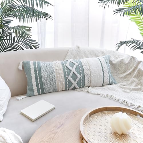 Decorative Boho Lumbar Pillow Cover 14x36 - Soft Textured Throw Pillow - color: Sage