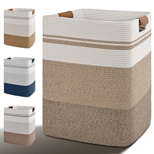 Laundry Hamper, 75L Tall Laundry Basket with Leather Handles, Rectangle Large Clothes Hamper for Organizing, Cotton Woven Laundry Baskets Storage Hampers for Bedroom, Nursery, Living Room - color: Jute & Rice Brown, size: 75L