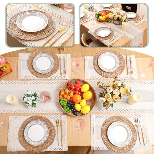 Boho Table Runner and Placemats Set, 4 Sets, Beige, 12x72 - color: Beige, size: 12x72"
