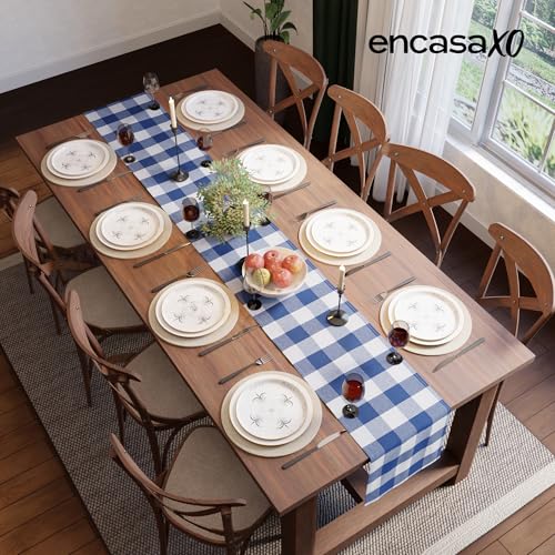 Encasa XO Table Runner, Woven Cotton Dining Linens 13"x72" Blue - color: Buffalo Blue Checks, size: 13x72 in