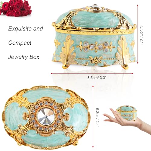 Small Vintage Enamel Light Green Oval Jewelry Box - color: green
