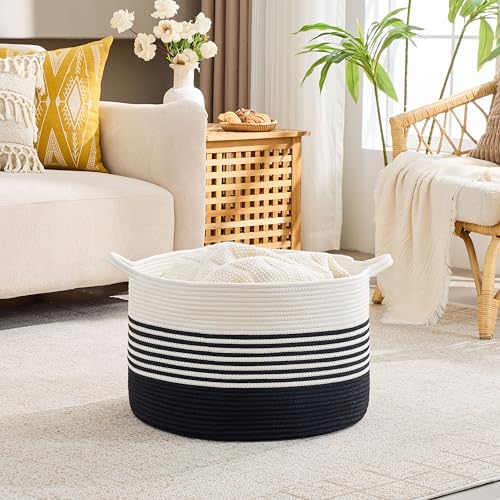 KAKAMAY Large Blanket Basket with Handles, Storage Basket for Living Room - color: Black Stripe