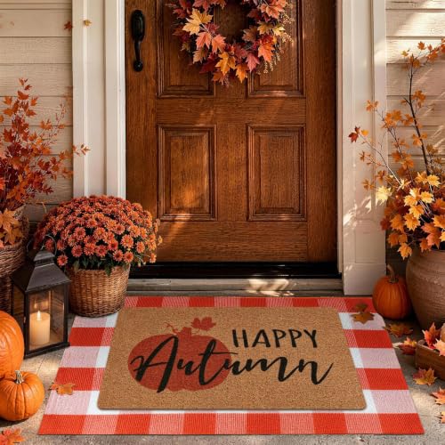 2-Piece Fall Front Door Mat Set, Layered Coir & Orange White Plaid Mats - color: Orange and White