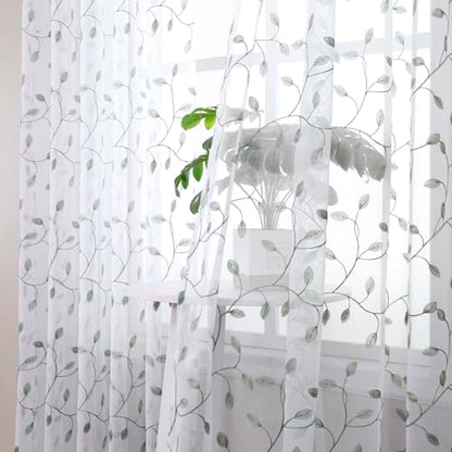 Tollpiz Leaves Sheer Tier Curtain Sage Green Leaf Embroidery Kitchen Half Curtains Rod Pocket Voile Faux Linen Embroidered Leaves Curtain for Bathroom, 30 x 36 inches Long, Set of 2 Panels - color: Sage Green, size: 30"W x 36"L (Pack of 2)