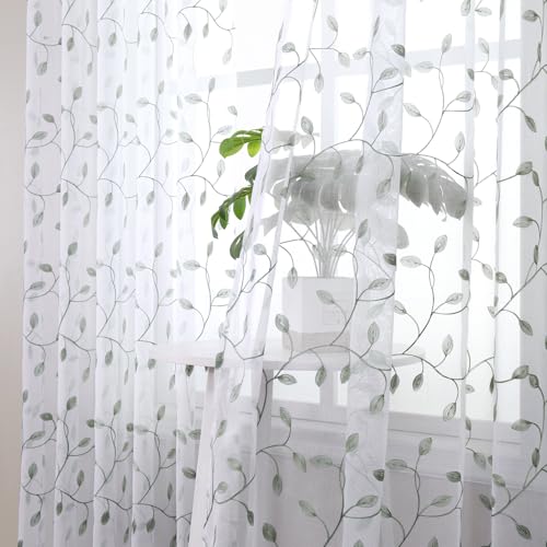 Tollpiz Leaves Sheer Tier Curtain Sage Green Leaf Embroidery Kitchen Half Curtains Rod Pocket Voile Faux Linen Embroidered Leaves Curtain for Bathroom, 30 x 36 inches Long, Set of 2 Panels - color: Sage Green, size: 30"W x 36"L (Pack of 2)