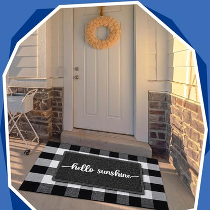 Geelin 2 Pcs Hello Sunshine Doormat, Black and White Buffalo Plaid Rug Set - style: Hello Sunshine