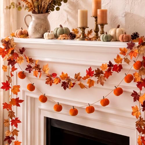 Yinder 2 Pack 6.56 ft Fall Mantle Decor Garland Pumpkins Velvet with 5.8 ft Artificial Maple Leaf Hanging Vine for Fireplace Mantle Wall Autumn Harvest Farmhouse Thanksgiving Home Wedding Decor