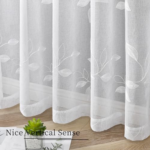 Tollpiz White Leaf Sheer Curtain Bedroom Short 38 x 45 Inches - color: White, size: 38"W x 45"L (Pack of 2)