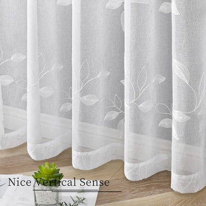 Tollpiz White Leaf Sheer Curtain Bedroom Short 38 x 45 Inches - color: White, size: 38"W x 45"L (Pack of 2)