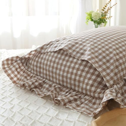 Silnuo Taupe/White Plaid Gingham Ruffled Body Pillow Cover 20"x54" - color: Taupe Plaid, size: Body Pillow (20" x 54") - 1 Piece