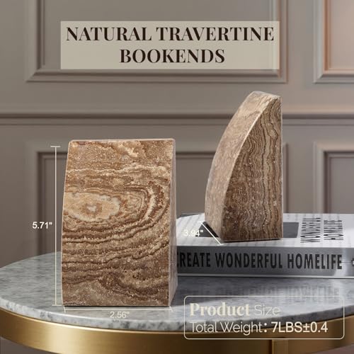 Koville Travertine Bookends for Shelves, Large Stone Bookends for Heavy Books, Non-Slip Heavy Duty Book Stopper for CD/Movies, Aesthetic Decorative Book Ends for Bookshelf Table Home Decor(Brown) - color: Sail-brown Travertine