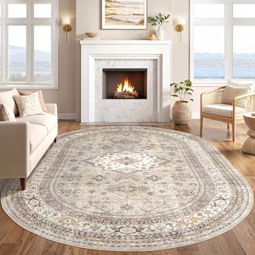 cotiled 8x12 Ellipse Area Rug for Living Room, Washable, Traditional, Beige - color: Beige, size: 8' x 12' (Oval)