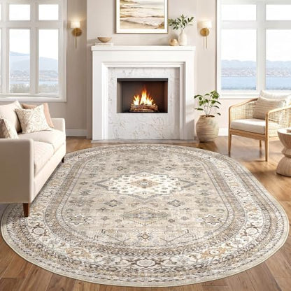 cotiled 8x12 Ellipse Area Rug for Living Room, Washable, Traditional, Beige - color: Beige, size: 8' x 12' (Oval)