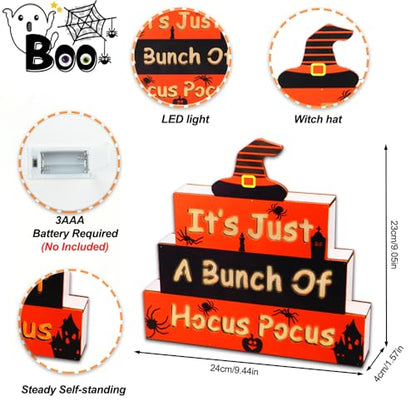 Halloween Wooden Block Sign with Led Lights Letters,Halloween Decorations Indoor,Halloween table decor,Battery Operated Halloween Party Decorations for Mantels, Tiered Trays, Shelves