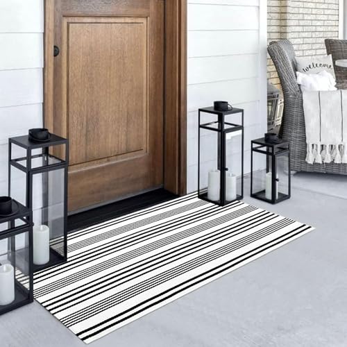 LEEVAN 2'X4.3' Black and White Striped Woven Cotton Reversible Outdoor Rug - color: 1white Strip, size: 2' x 4'3"