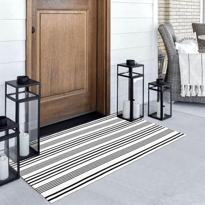 LEEVAN 2'X4.3' Black and White Striped Woven Cotton Reversible Outdoor Rug - color: 1white Strip, size: 2' x 4'3"