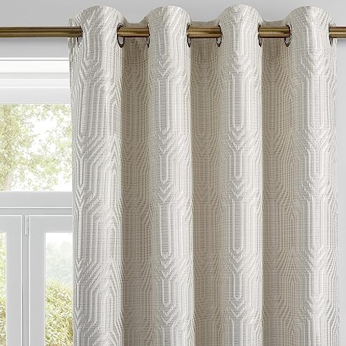 Beige and Silvery 100% Blackout Jacquard Geometric Pattern Curtains,52 Inch Wide 84 Inches Long 2 Panels, Thermal Insulated Noise Reducing Anti-Rust Grommet Drapes for Bedroom Living Room, Cream - color: Beige and Silvery, size: 52"W x 84"L (Pack of 2)