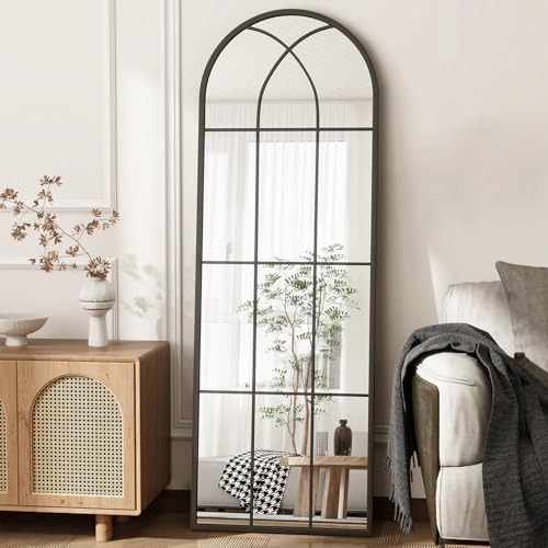 65"x 22" Arched Full Length Window Wall Mirror,Winndow Pane Mirror, Farmhouse Arched-Top Mirror with Metal Framed, Rustic Decorative Mirrors - Black - color: Farmhouse Mirror-black, size: 65"L x 22"W