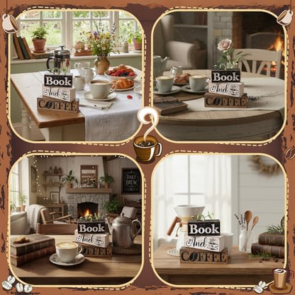 Moucuny 4 Pcs Farmhouse Table Decor Rustic Wooden Book and Coffee Signs - style: Coffee