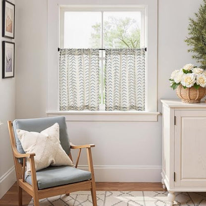 jinchan Blue Boho Linen Kitchen Tier Curtains 24 Inches Rod Pocket 2 Panels - color: Arrow | Blue on Linen, size: 26"W x 24"L (Pack of 2)