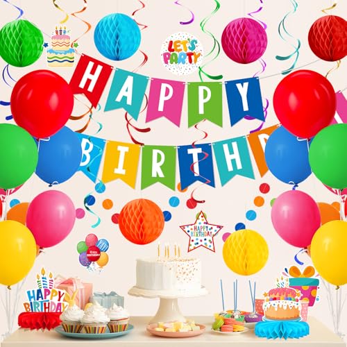 Happy Birthday Decorations Kit: Happy Birthday Banner,Birthday Circle Confetti Garland, Swirl Streamers, Honeycomb Balls, Birthday Balloons and Honeycomb Centerpiece for Kids' Birthday Party Supplies - style: BIRTHDAY