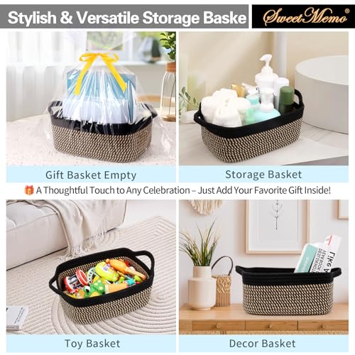 Gift Basket Empty with Handles, 12x8x5 inch - Small Woven Basket for Baby Nursery, Toys, Towels, Wedding, Birthday Gifting - With Gift Bag & Ribbon (Black Brown, 1PC) - color: Black and Brown, size: 1 Pack