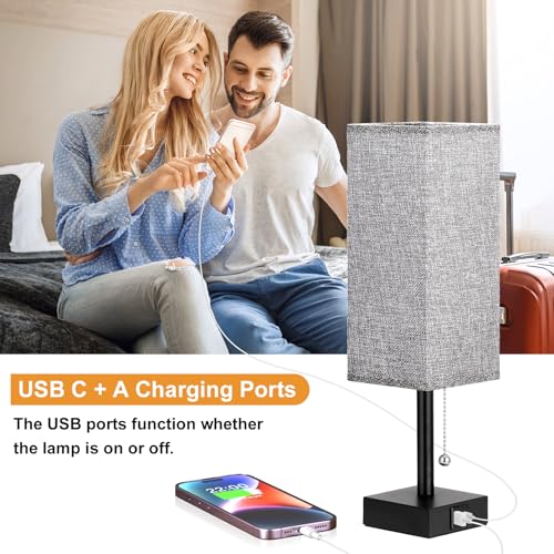 Set of 2 Grey Bedside Table Lamps for Bedroom - Nightstand Lamp, USB C+A - color: Gray & Black (2PCS), size: 14.3in