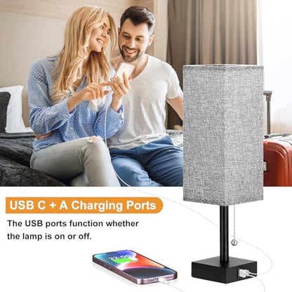 Set of 2 Grey Bedside Table Lamps for Bedroom - Nightstand Lamp, USB C+A - color: Gray & Black (2PCS), size: 14.3in
