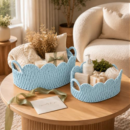 Endymion Set of 2 Paper Rope Scalloped Basket, Wicker Storage Baskets Blue - color: Blue