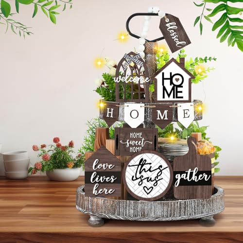 FairySandy 11 Pcs Home Tiered Tray Decor This is us Rustic Wooden Signs - style: Brown Style
