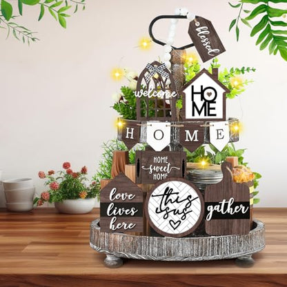 FairySandy 11 Pcs Home Tiered Tray Decor This is us Rustic Wooden Signs - style: Brown Style