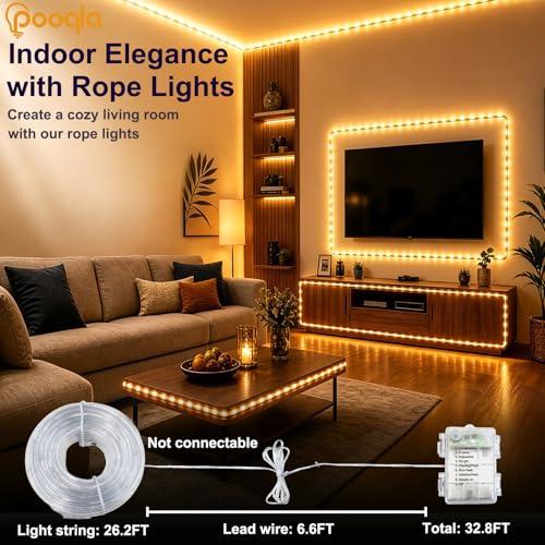 Pooqla Battery String Lights Outdoor, 2 x 100LED Warm White Rope Lights - color: Warm White, size: 100LED×2