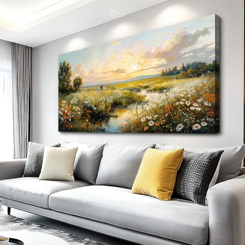XIGUANGART Nature Landscape Wall Art, Sunset Wildflowers Pictures 20X40 In - color: Pastoral Scenery Paintings, size: 40"L x 20"W