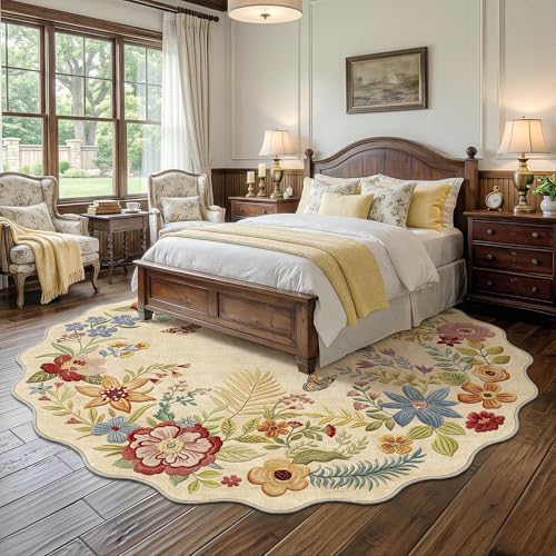 FMFUNCTEX 5ft Round Washable Beige Boho Scalloped Area Rug for Living Room - color: Beige, size: 5' (Round)