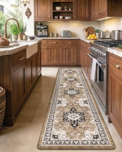 DEXI Kitchen Floor Mats Cushioned Anti Fatigue Runner Rug 24x107 Brown - color: Brown/White, size: 107"L x 24"W x 0.4"Th