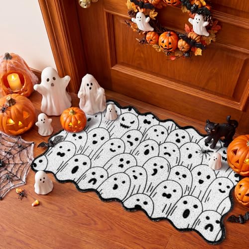 Dunzy Halloween Doormat Ghost Black and White Scalloped Welcome Mat - style: White Ghost