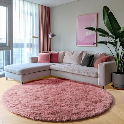 Blush Fluffy Round Rug Circle Area Rugs 4ft for Kids Girls Teen Bedroom - color: Blush, size: 4' (Round)