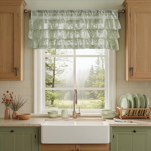 Kotile Sage Green Ruffle Lace Valance for Windows W52 x L18 Inch, 1 Panel - color: Sage Green - Ruffle Lace