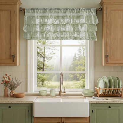 Kotile Sage Green Ruffle Lace Valance for Windows W52 x L18 Inch, 1 Panel - color: Sage Green - Ruffle Lace