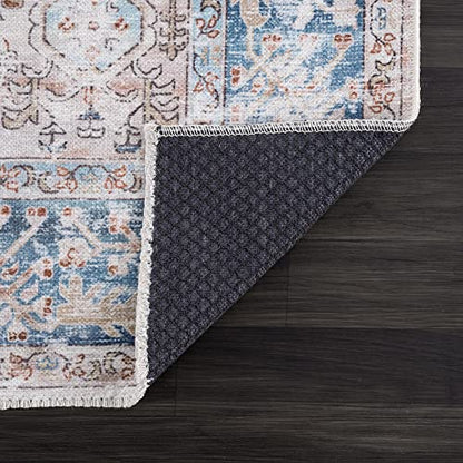 Bloom Rugs Caria Washable Non-Slip 7 ft Runner - Beige/Ocean Blue Traditional Runner for Entryway, Hallway, Bathroom, and Kitchen - Exact Size: 2'6" x 7' - color: Beige / Ocean Blue, size: 2'6" x 7' (Runner)