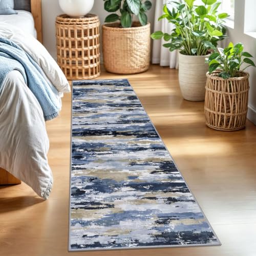Abstract Washable 2x7 Runner Rug Non Slip Runners for Hallway | Navy Blue Multi;Thin Printed Faux Wool Kitchen Rug Runner;7ft Carpet Runners;Non Skid Runners for Entryway,Bedroom - color: Navy / Blue / Taupe, size: 2' x 7' (Runner)